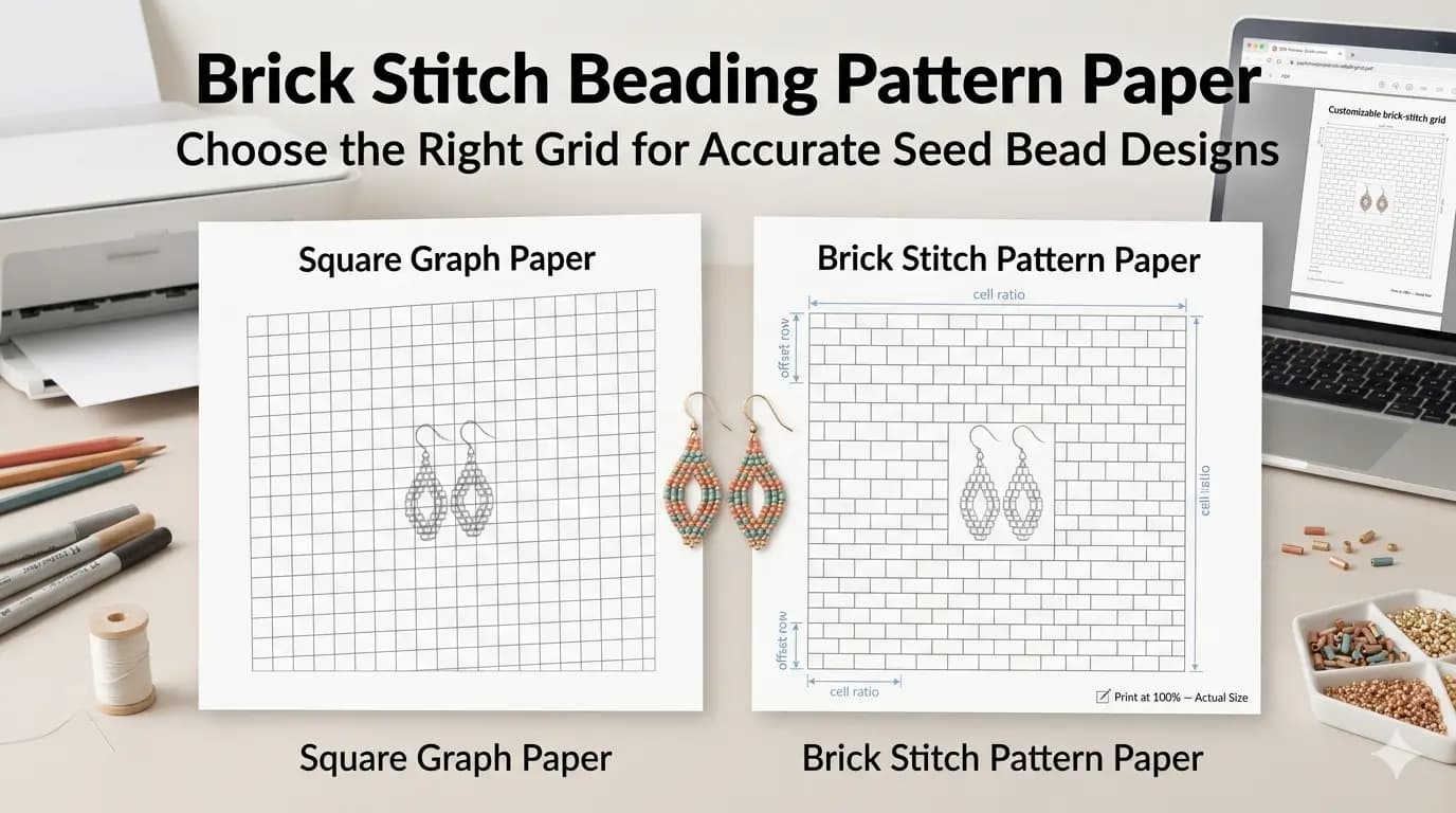 Side-by-side visual of brick stitch grid layout and finished beaded earring