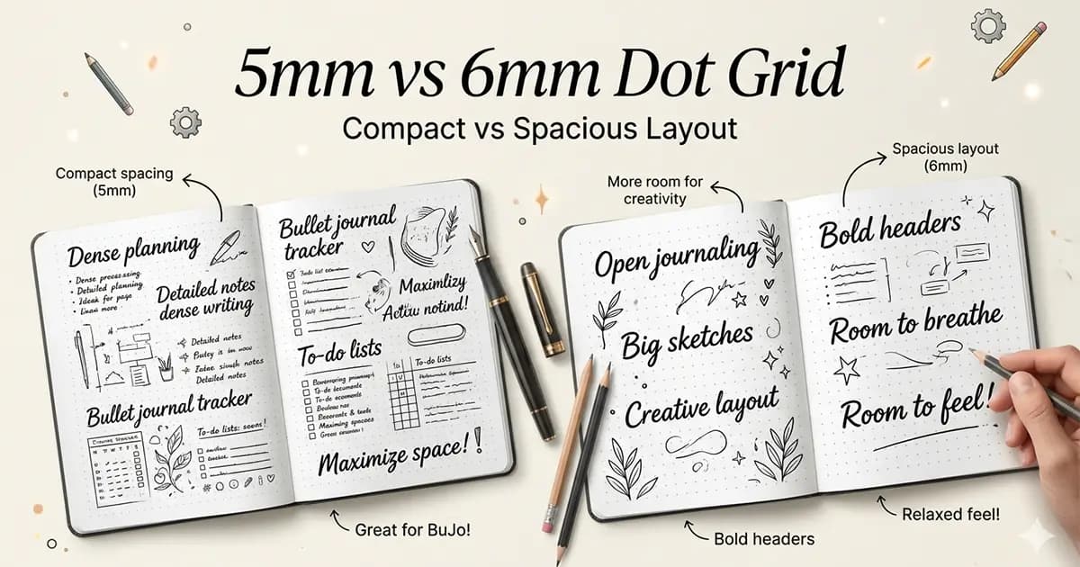 Side-by-side visual comparison of 5mm and 6mm dot grid spacing on printable journal pages