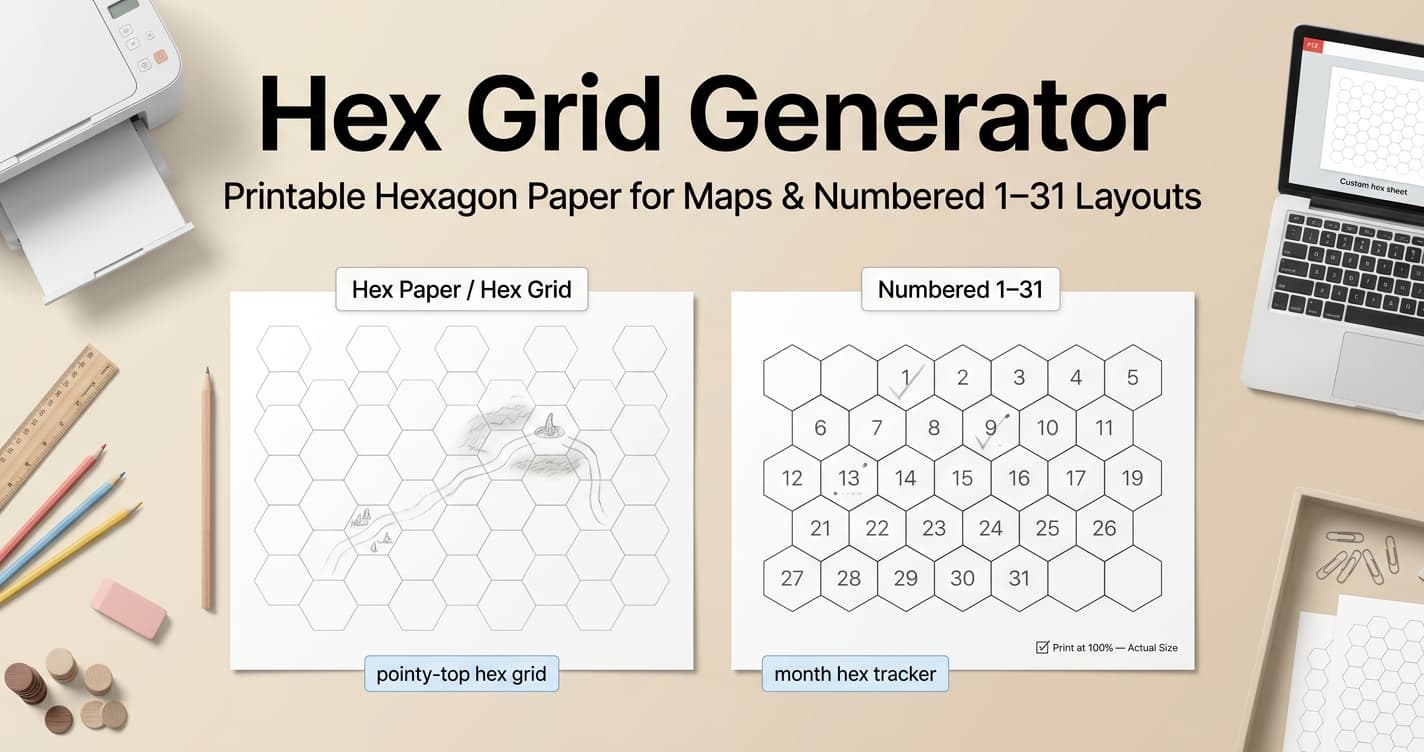 Hex paper map grid beside a numbered 1–31 hexagonal month tracker layout