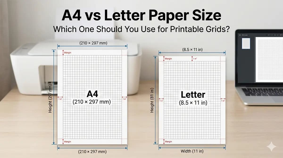 Visual comparison of A4 and Letter paper dimensions for printable grid layouts