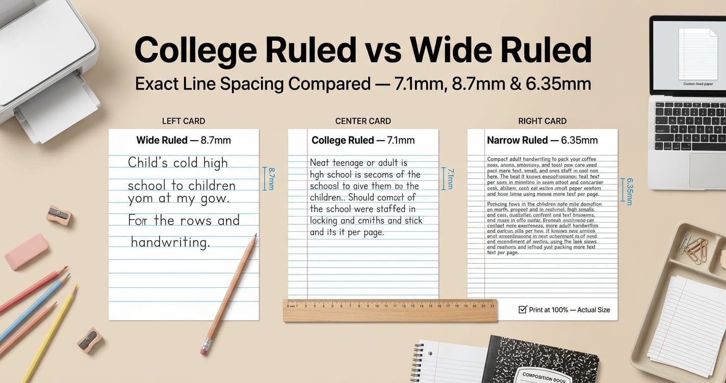 Side-by-side comparison of Wide Ruled 8.7mm, College Ruled 7.1mm with red margin, and Narrow Ruled 6.35mm lined paper