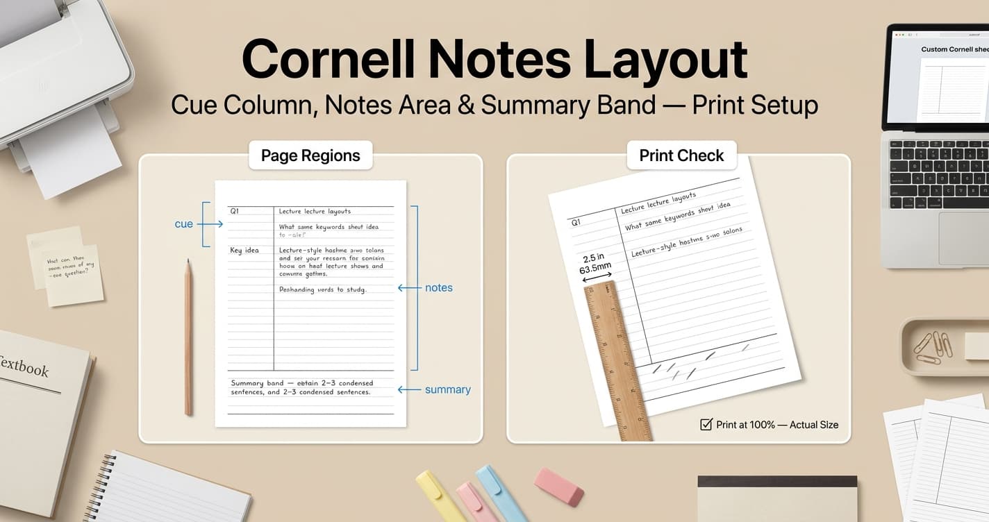 Cornell notes page regions labeled cue, notes, and summary beside a print scale check with a ruler on the cue column
