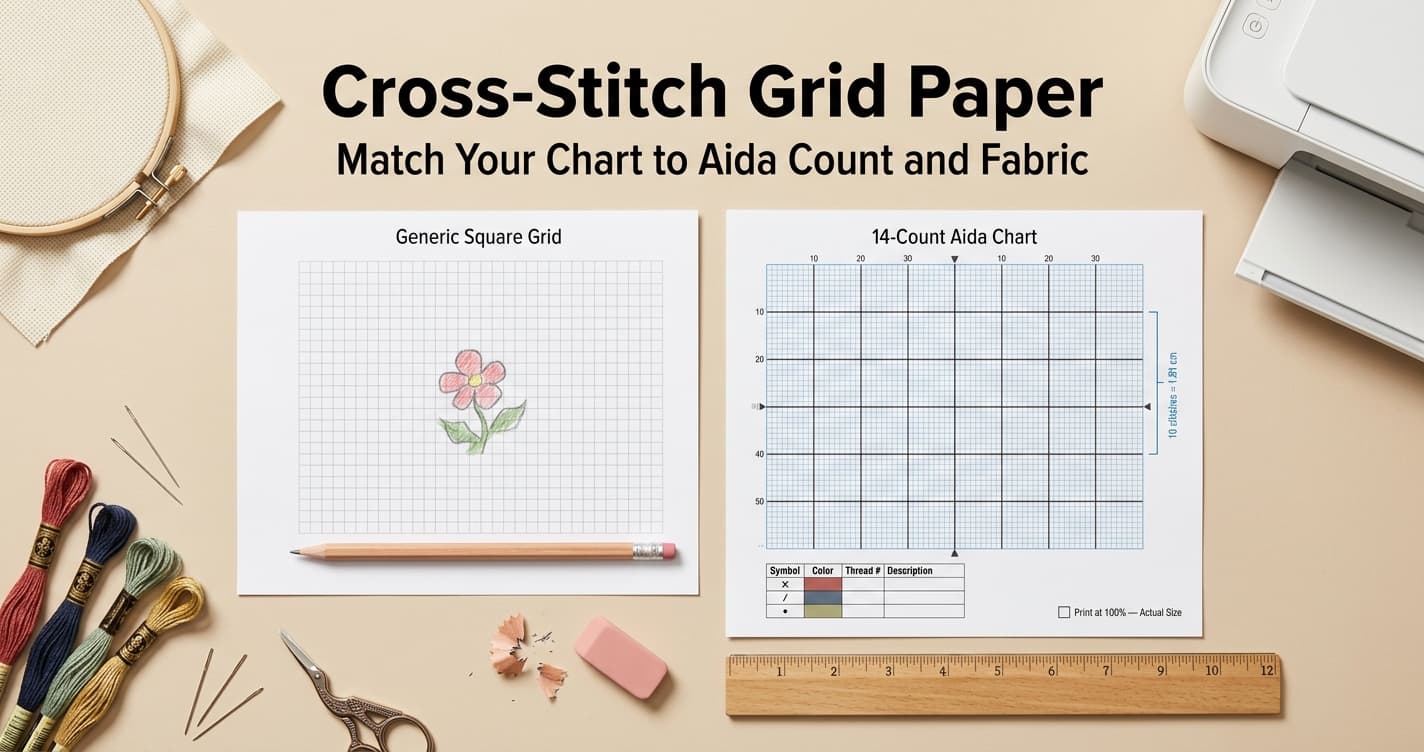 Generic square graph paper beside a 14-count Aida chart with bold 10-stitch guidelines, numbering, and a color key
