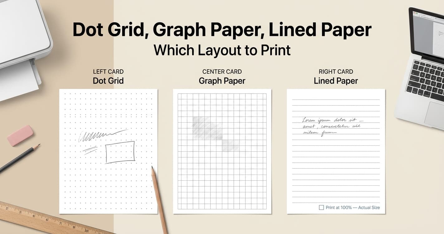Three sheets side by side: a dot grid, a square line grid, and horizontal ruled lines