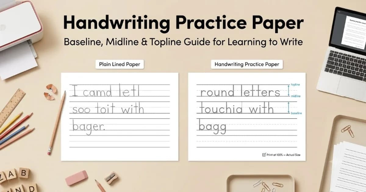 Comparison of uneven handwriting on plain lined paper versus baseline, midline, and topline practice paper