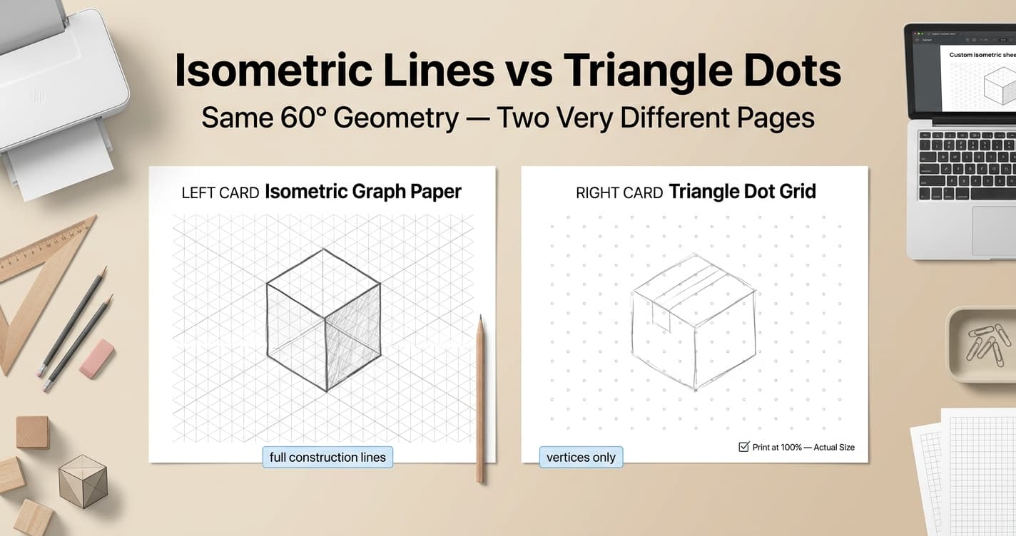 Isometric line grid with a sketched cube beside a triangle dot grid with vertex-only guides