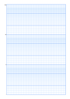 Blue semi-log graph paper, three cycles from 1 to 1000, A4 portrait printable PDF