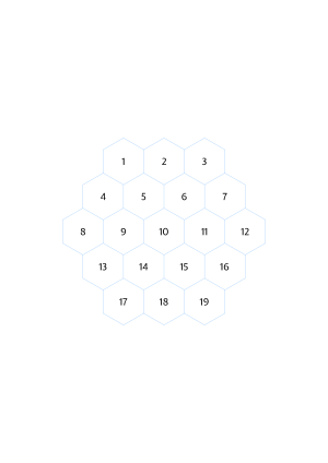 Centered numbered hexagonal grid 1 to 19, 15mm hexes, A4 portrait printable PDF