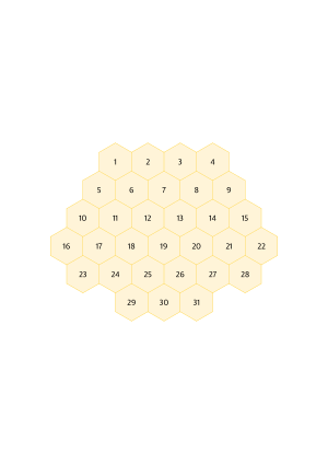 Centered hexagonal grid numbered 1 to 31, 12mm hexes, A4 portrait printable month tracker