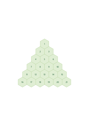 Pyramid numbered hexagonal grid 1 to 21, 12mm hexes, A4 portrait printable PDF