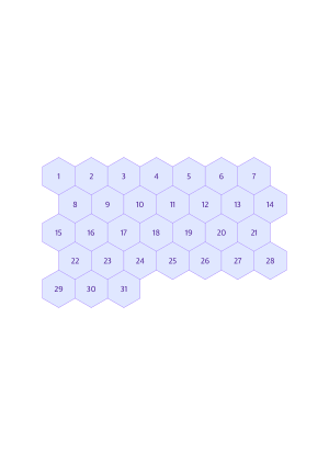 Rows numbered hexagonal grid 1 to 31, 7 columns, 12mm hexes, A4 portrait printable PDF