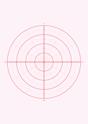 Radar polar graph paper, 8 red rings at 30 degrees, zero at the top, degree labels, A4 portrait printable PDF