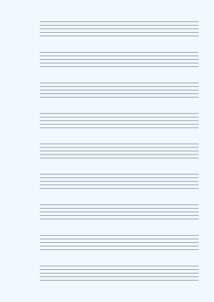 Printable beginner staff paper, 3.5mm wide manuscript ruling, sky blue page, blank staves, A4 portrait